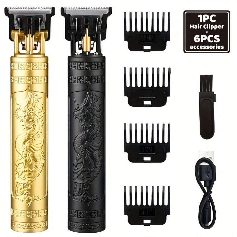Cortadora de pelo profesional para hombres, recortadora inalámbrica con hoja en forma de T y grabado de dragón, máquina de corte de cabello y barba recargable por USB, 4 peines guía, herramienta de barbería silenciosa para uso doméstico y salón - Multicolor - Ver 1