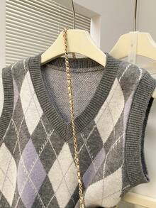 Women's Retro Soft Rhombus V-Neck Pullover Vest, Autumn/Winter - Multicolor - View 2
