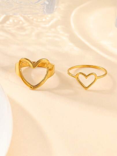2 piezas Juego de anillos con forma de corazón hueco de acero inoxidable, adecuado para decoración diaria y regalo de mujer
