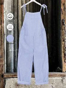 Plus-Size Casual Daily Sleeveless Striped Overalls With A Front Center Pocket And LACES, Summer
