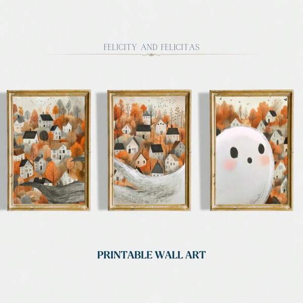 3 PIEZAS Fantasma de Halloween caprichoso, conjunto de arte de pared imprimible de otoño de 3 piezas, conjunto de arte de otoño lindo, decoración de Halloween divertida, impresión de temporada espeluznante, descarga digital