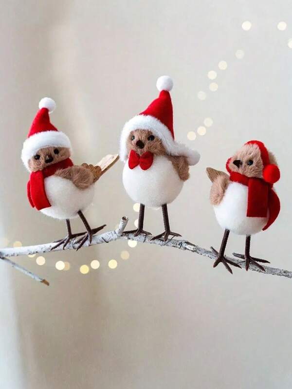 1/3PCS Handmade Cute Plush Bird Ornaments-Red Santa Hat And Fluffy White Feathers, Christmas Tree Ornaments, Holiday Home Decorations (Christmas, New Year, Birthday Party), Creative Gifts, Outdoor Christmas Decorations, Soft Fabric Ornaments, Party Theme Design.
