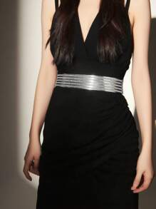 1 件女士简约优雅纯色金色金属双扣松紧腰带，百搭连衣裙、衬衫、夹克秋季、万圣节