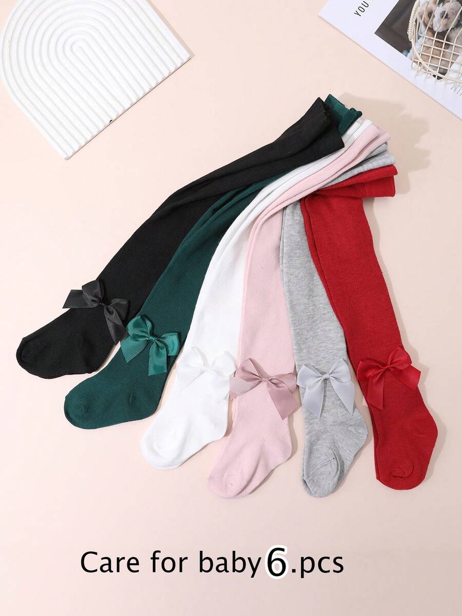 6 Pairs Girls' Simple Solid Color Tights, Cute Bow Decor, Versatile For Daily Wear, Suitable For All Seasons