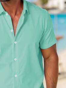男士新款夏季衬衫，简约时尚短袖上衣，天蓝色，休闲户外风格，纽扣开合，弹力轻盈面料，适合夏季穿着 - 薄荷綠 - 查看 4