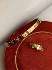 2 件不锈钢 18K 镀金四叶草指甲手链和戒指奢华珠宝婚礼套装 - 釘子 - 查看 2