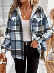 Women's Casual Plaid Thermal Lined Hooded Regular Jacket, Brushed Plaid Thermal Lined Hooded Jacket For Women - Blue - View 4