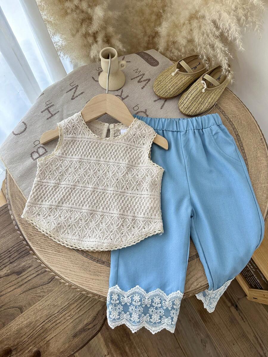 2pcs/Set Baby Girl Knitted Vest And Lace Trim Wide Leg Pants, Cute & Elegant Style - Apricot - View 1