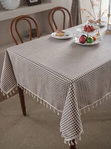 1pc Checkered Green Print Tablecloth, Bohemian Casual Fresh Style Dining Table Cover, Suitable For Hotel, Restaurant, Bedroom, Living Room, Party, Outdoor Gathering, Holiday Decor,Fall Decor,Autumn Decor,Room Decor