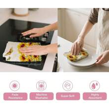 6pcs Kitchen Towels, Absorbent Dish Cloths, Decorative Tea Towels, Quick Dry Cleaning Rags, Reusable For Cooking Baking Housewarming (Yellow Sunflower)For Bathroom Kitchen Decor