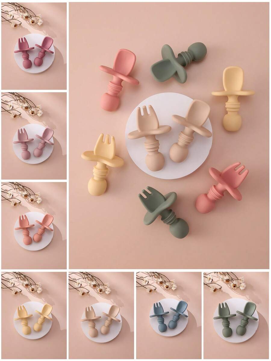 PopLittleOne 2PCS Baby Silicone Spoon Fork Solid Color Baby Utensils Feeding Training Baby Stuff Soft Baby Tableware Things For Babys - Multicolor - View 1