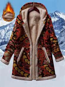 معطف نسائي بطراز بوهيمي مطبوع بالأزهار مع جيب وتريم متباين أحادي الصدر مزود بقبعة