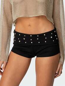 Women Y2K Studded Foldover Micro Shorts Vintage Low Waist Slim Fit Mini Shorts Summer Boxer Short Party Clubwear - 黑色 - 查看 1