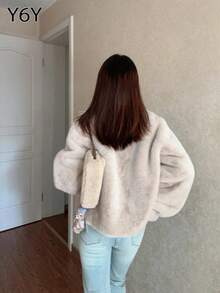 Y6Y 新款女款冬季杏色羊毛抓絨加厚寬鬆毛衣上衣 - 杏色 - 查看 3