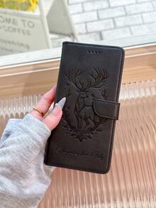 Lucky Deer Embossed PU Leather Flip Cover Phone Case, Shockproof, Kickstand, Card Slot Wallet Style, Compatible With IPhone 6/7/8/XS MAX/11/12/13/14/15/16/17 Pro Max, Galaxy S22/S23/S24 Ultra/S25 Ultra, A05S/A14/A15/A25/A34/A35/A53/A54/A55/Note20 Ultra Series, Redmi, Infinix - Black - View 3