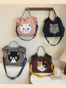新款卡通猫刺绣大容量斜挎包，女士时尚手提包 - 彩色 - 查看 1