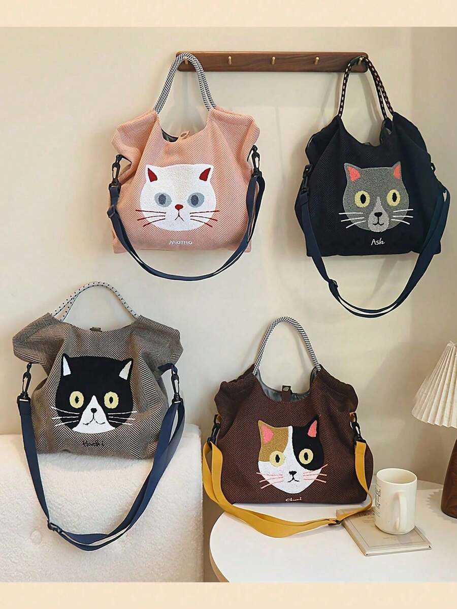 新款卡通猫刺绣大容量斜挎包，女士时尚手提包 - 彩色 - 查看 1