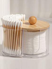 二合一竹盖棉签盒，卸妆棉收纳盒，双孔圆形桌面收纳盒 - 透明色 - 查看 4