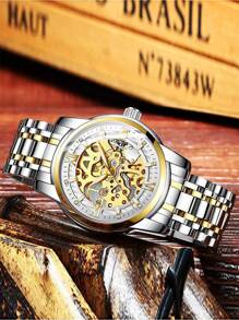 BIDEN 男士机械表，时尚商务自动机械表，镂空夜光表盘，不锈钢表带，男士防水机械表 - 均碼 - 查看 11