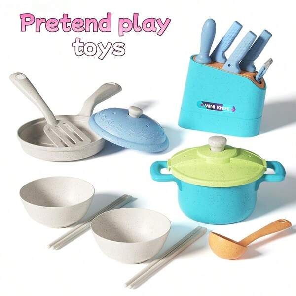 Kids Play Kitchen Cooking Toy Set, Baby Toy Kitchen Utensils Accessories, Frying Pan Soup Spoon Spatula Set, Made Of Wheat Straw Material For Girls And Boys, Birthday Gift, Random Color