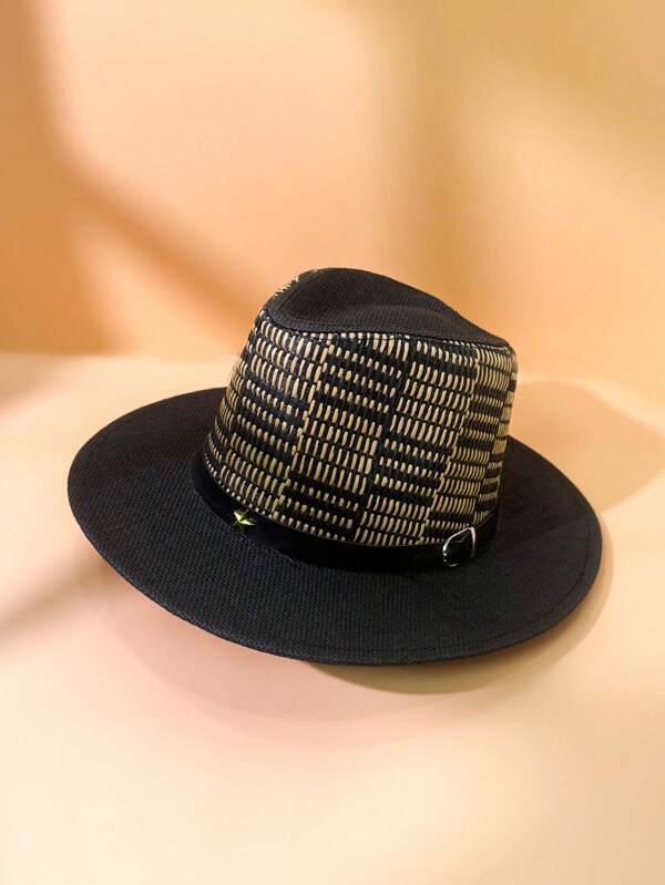 1pc Vintage Men's Short Brim Leather Belt Plaid Sun Hat, Jazz Hat, Western Style Small Cap, Suitable For Performance, Party And Daily Use
