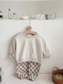 2pcs/Set Baby Boy Casual Solid Color Crew Neck Long Sleeve Sweatshirt And Checkerboard Long Pants, Spring/Autumn - Apricot - View 5