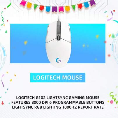 Logitech Mouse de juego con iluminación RGB con cable G102, sensor de grado para juegos, 8000 DPI, ligero para PC, portátil, jugadores