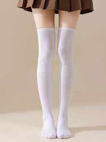 1 Pair Women Over Knee Socks, Cosplay Anime Character Uniform, Japanese Style Striped & Solid Thigh-High Stockings