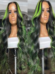 Parrucca frontale in pizzo con onde del corpo, capelli umani brasiliani colorati sfumati, 30-34 pollici, colore verde evidenziato, parrucca frontale in pizzo Remy pre-strappata per donne