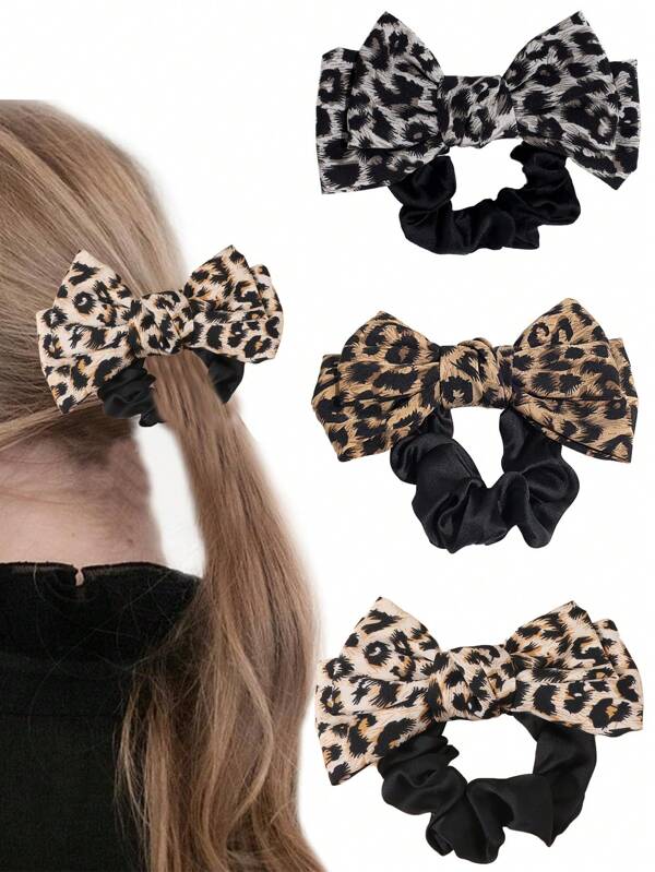 Women's Leopard Bow Scrunchie, Fabric Material Fashion Accessory, Suitable For Daily, Outing, Party, Stylish, Hair Ties, Scrunchy Hair Ties