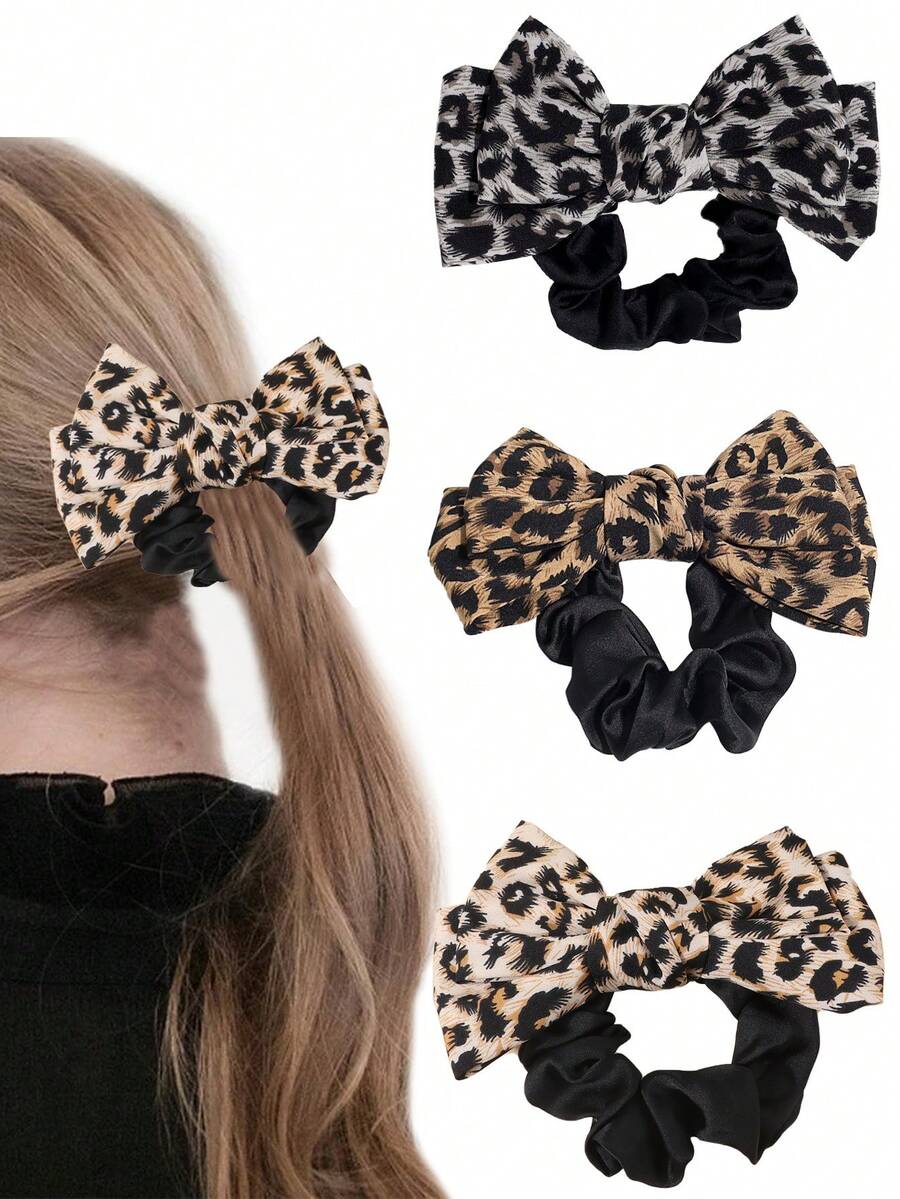女士豹纹蝴蝶结发圈，织物材质时尚配饰，适合日常、外出、派对、时尚、发圈、发圈、发饰、休闲