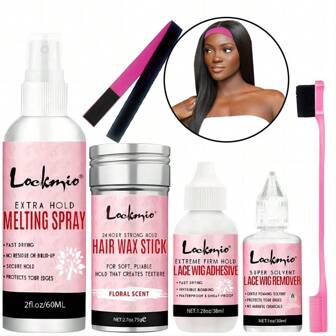 LOCKMIO Wig Glue Spray Kit Including: Travel Size 2fl.Oz/ 60ml Lace Melting Spray Glueless Lace Bond Adhesive, 2.7oz/ 75g Hair Wax Flyaway Stick Styling Wax, 1.28fl.Oz/ 38ml Glue For Lace Front Wig, 1fl.Oz/ 30ml Wig Tape Liquid Remover For Hair Extension, Double Sided Edge Control Hair Brush For All Baby Hairs, Lace Melting Band Elastic Band