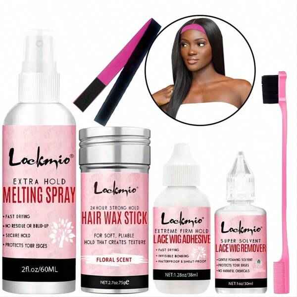 LOCKMIO Perücken-Klebespray-Kit, enthält: Reisegröße 2 fl.Oz / 60ml Spitze Schmelzen Spray glueless Lace Bond Klebstoff, 2,7 Oz / 75g Haarwachs Flyaway Stick Styling Wachs, 1,28 fl.Oz / 38ml Kleber für Lace Front Perücke, 1 fl.Oz / 30ml Perückenband-Flüssigkeitsentferner für Haarverlängerungen, doppelseitiger Rand-Kontroll-Haarbürste für alle Baby-Haare, Spitzenaufschmelzband Gummiband