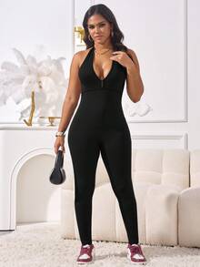 Mono de mujer con cuello en V, atar al cuello, espalda abierta, ajustado y con pliegues, color negro para primavera/verano - Negro - Ver 3