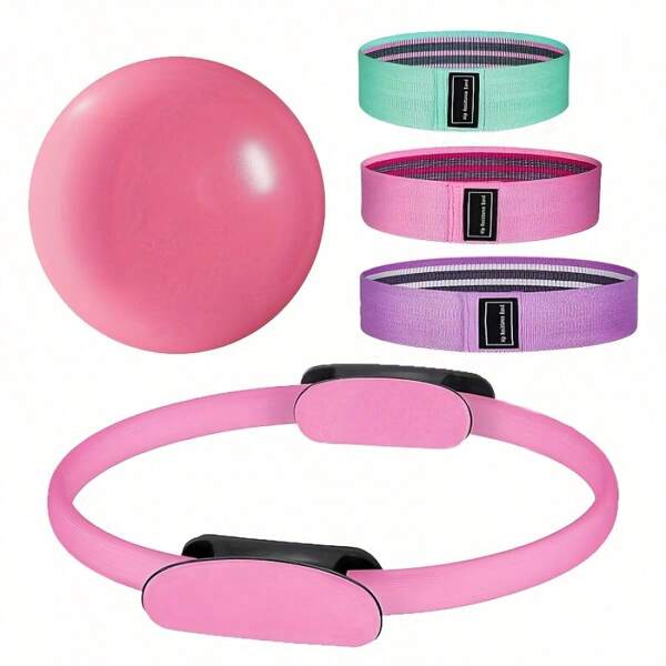 1 set Kit d'anneau Pilates, comprend 5 pièces d'accessoires d'équipement de fitness à domicile : Ballon Pilates, Anneau de Yoga et Bandes de Résistance, convient comme ensemble cadeau de sports de balle