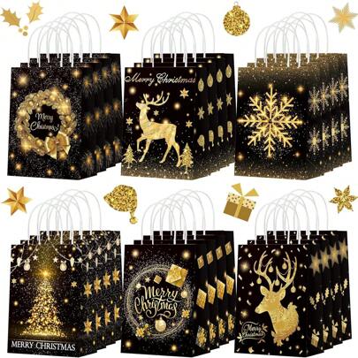 Black Christmas Deer Christmas Paper Gift Bags Black Gold Party Bags Xmas Bags With Handle Elk Snowflake Christmas Tree Bags For Presents And Xmas Holiday Party Reindeer Xmas Treat Bags With Handles Christmas Christmas Decorations Christmas Pajamas Christmas Gifts Christmas Decor