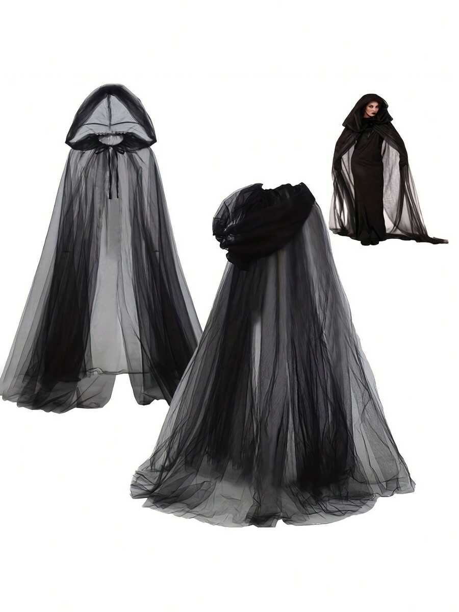 1 件女巫斗篷 - 优雅的哥特式婚礼面纱，飘逸的黑暗魔法服装披肩，适合万圣节、吸血鬼、哥特式派对 - 轻质非电动服装配饰，适合女性和青少年，哥特配饰，分层裙摆设计，质地光滑 - 黑色 - 查看 1