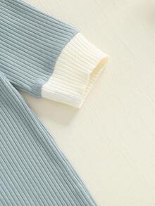 Baby Boy Fall Romper Contrast Color Ribbed Long Sleeve Round Neck Full Length Jumpsuit With Hat Newborn Fall Clothes - Sky Blue - View 7