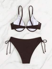 女士新款纯色系带比基尼套装，带钢圈支撑，性感两件套泳衣，可调节肩带沙滩装