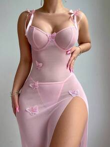 Women's 2-Piece Seductive Semi-Sheer Soft Mesh Slit Dress With Delicate Bow Halter And Butterfly Embellishment Detail, Cool Material, Perfect For Summer Holiday Lingerie And Dresses - 粉色 - 查看 1