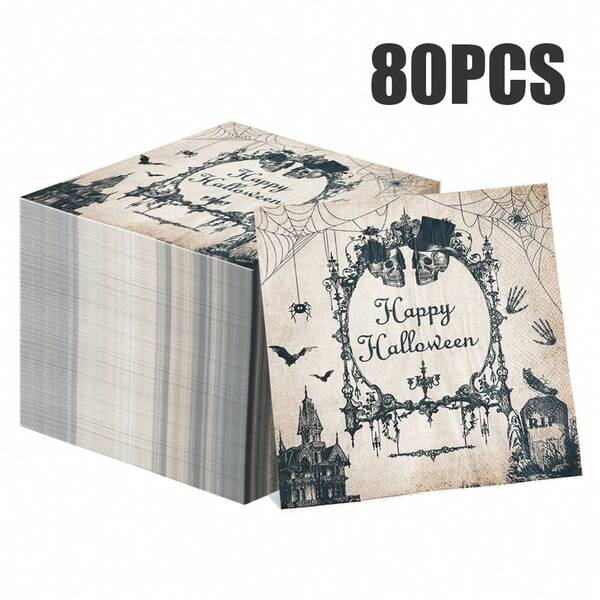 80/40/20pcs 13 * 13 Inch Disposable Halloween Themed Napkins, Featuring Spider Webs, Skulls, Mysterious Castles, And Bat Patterns, As Well As Decorative Napkins For Holiday Gatherings And Halloween Themed Parties