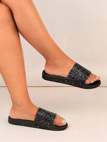 Women's Sequin Embellished Thick Sole Casual Comfortable Non-Slip House Slippers, Summer - Black - View 2