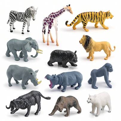 12 件/套逼真的丛林动物雕像玩具套装，采用 PVC 制成，栩栩如生的动物园动物包括河马、大猩猩、大象、犀牛、水牛、黑熊、老虎、狮子、棕熊、北极熊、斑马、长颈鹿，非常适合家居装饰、蛋糕装饰、桌面展示和收藏