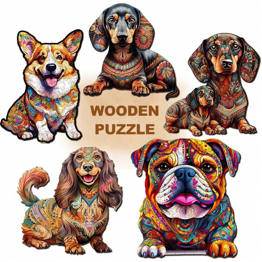 Dachshund/Corgi/Bulldog - Wooden Jigsaw Puzzle, Asymmetrical Animal Shaped Wooden Puzzle Toy, Party Game Gift, Decorative Art, Tabletop Magic Puzzle, Unique Children's Educational Puzzle, Birthday Gift, Wooden Puzzle For Kids, Back To School Gift, Christmas Gift - Multicolor - View 1