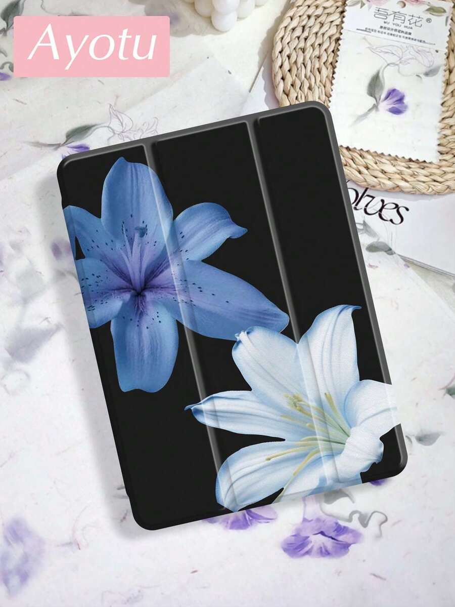 Ayotu 蓝白芙蓉花图案 iPad 保护套，适用于 10.2 英寸 iPad（2021/2020 款，第九/八代）、Galaxy Tab A8 10.5 英寸（2022 款）、MatePad 10.4/Tab，带 Apple Pencil 插槽，支持自动休眠/唤醒，时尚保护套