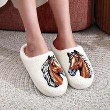 1 Pair Cartoon Animal Western Cowboy Style Plush Horse Fabric Slippers, Unisex, Suitable For Home, Holidays, Autumn/Winter, White Horse Animal Indoor Non-Slip Soft Bottom Shoes, Gift For Horse Lovers - White - View 5