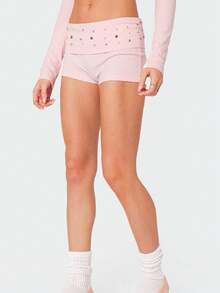 Women Y2K Studded Foldover Micro Shorts Vintage Low Waist Slim Fit Mini Shorts Summer Boxer Short Party Clubwear - 粉色 - 查看 4