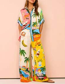 Fnortc Women's Summer Printed Two Piece Pajama Set Short Sleeve Button Top Drawstring Pants Pajamas - Green - View 4