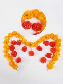 MEHELANY 1条 - 4.6英尺橙色人造万寿菊花环，人造万寿菊传统装饰长花环，适用于万圣节、婚礼、排灯节、派对、壁炉装饰，人造花环也适用于圣诞节、秋季节日、秋季花卉装饰 - 黃紅 - 查看 2