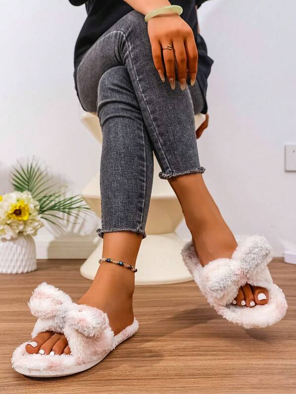 Women's Fluffy Open Toe House Slippers, Colorblock Y2K Fabric Asymmetric/Asymmetrical Cute Girl Slippers For Beach, Holiday, Office, Party, Home, Outdoor, Gym, Winter